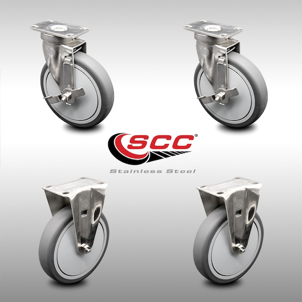 6 Inch SS Thermoplastic Rubber Wheel Top Plate Caster Set with 2 Brake 2 Rigid